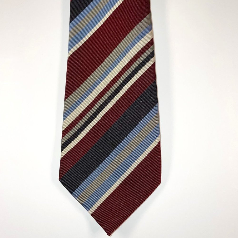 Silk Prada Tie - Burgundy, Blue, Grey & White Diagonal Stripe Tie